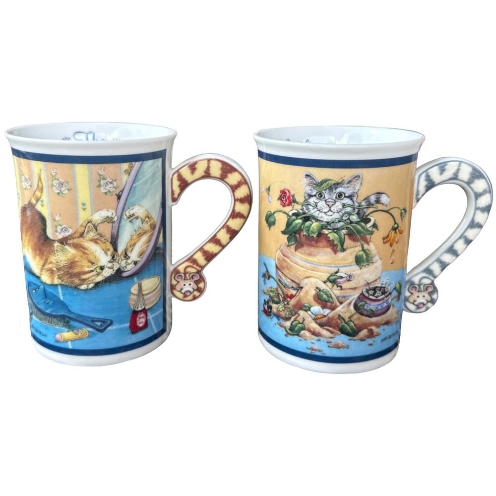 Set of 2 Comical Cats Porcelain Collector Mugs by Gary Patterson 10 oz. (READ)